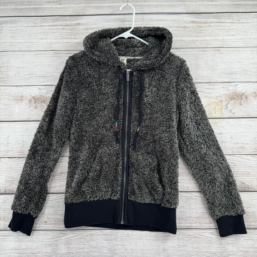 Roxy Big World Full Zip Fuzzy Hoodie Sweatshirt Womens XS‎ Black Gray Faux Fur